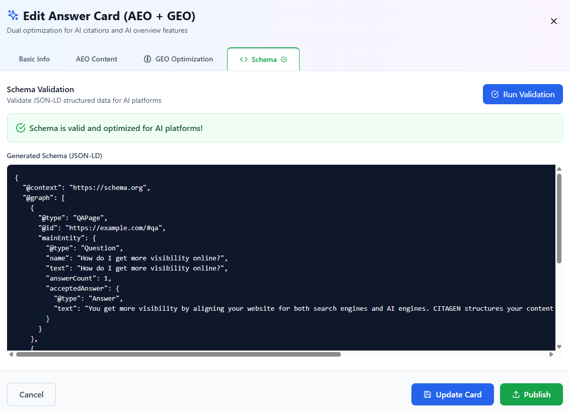 Schema validation interface showing valid JSON-LD structured data
